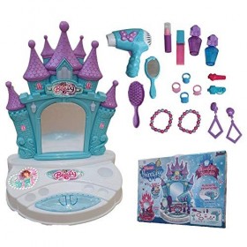 TOY0270/C - Miroir avec lumières et sons - Boucles doreilles - Brosse sèche-cheveux fonctionnelle dans boîte cadeau