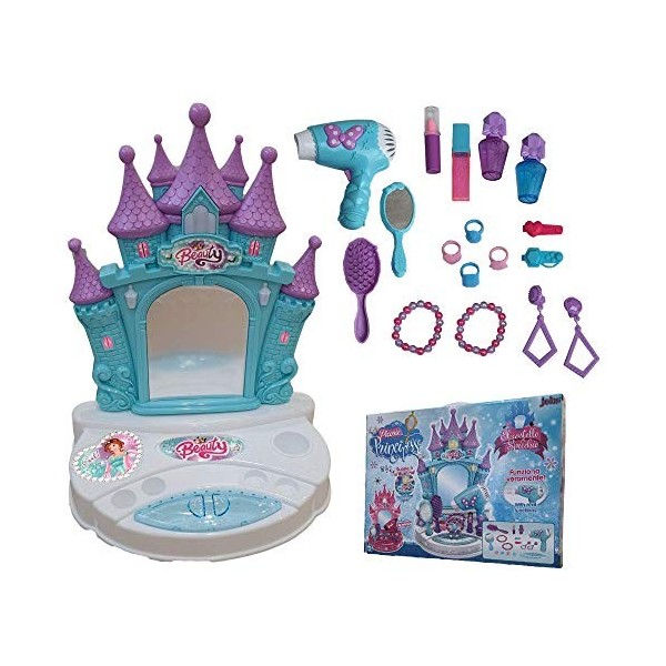 TOY0270/C - Miroir avec lumières et sons - Boucles doreilles - Brosse sèche-cheveux fonctionnelle dans boîte cadeau