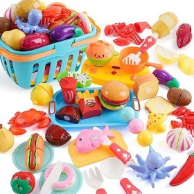 35 Pièces Jouets Enfant Cuisine,Accessoire de Jouet de Cuisine Enfant avec Crabe, Homard, Couverts et Panier de Rangement,Fru