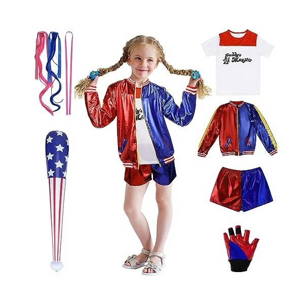 Auoisgo Costume de clown pour fille avec veste, t-shirt, short, gants gonflables et sac à cheveux, ensemble de 6 pièces pour 