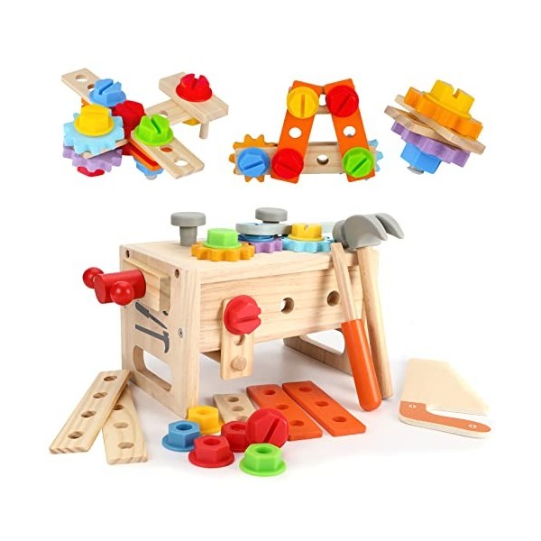 Boîte à outils en bois pour enfants, établi pour enfants, boîte à outils pour enfants avec outils en bois colorés, jouets pou