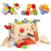 Boîte à outils en bois pour enfants, établi pour enfants, boîte à outils pour enfants avec outils en bois colorés, jouets pou