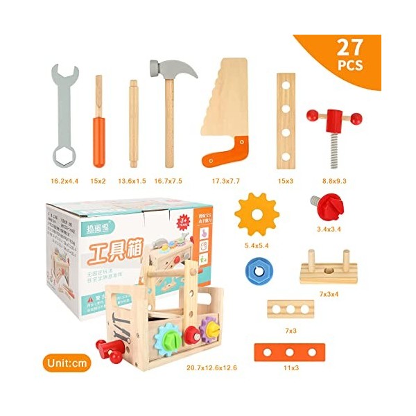 Boîte à outils en bois pour enfants, établi pour enfants, boîte à outils pour enfants avec outils en bois colorés, jouets pou