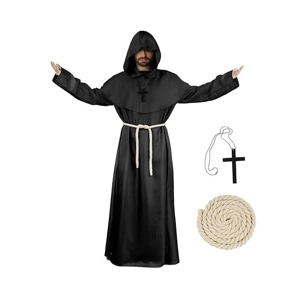 Deguisement Moine Homme Halloween Costume Prêtre Adulte Médiéval Capuche Capot Robe Renaissance avec Croix pour Halloween Cos