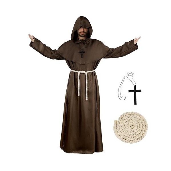Deguisement Moine Homme Halloween Costume Prêtre Adulte Médiéval Capuche Capot&nbsp;Robe Renaissance avec Croix pour Halloween Cos