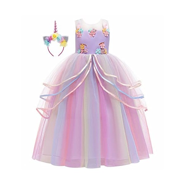 MISS & MR BM Robe Princesse fille, Déguisement Licorne filles, Déguisement Princesse avec corne licorne pour enfants, fête an