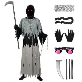 Costume de faucheuse - Costume dHalloween - Robe de Reaper avec capuche - Gants dos - Chaîne - Fausse - Costume de mort - H