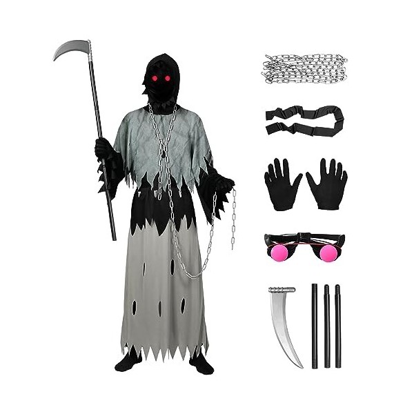 Costume de faucheuse - Costume dHalloween - Robe de Reaper avec capuche - Gants dos - Chaîne - Fausse - Costume de mort - H