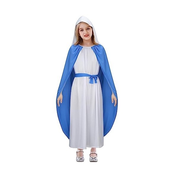 Funhoo Costume de Vierge Marie pour Fille Saint Personnage Biblique Costume pour Enfants Robe avec Cape Ceinture et Capuche F