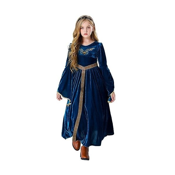 Diudiul Robe de Princesse Médiévale Renaissance pour Fille Costumes dhalloween pour Enfant Bleu,140CM 