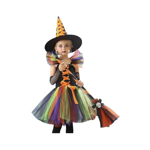 Costume De Sorcière Halloween Fille - Robe Violette Avec Chapeau Noir - Manches Bouffantes - Taille Enfant