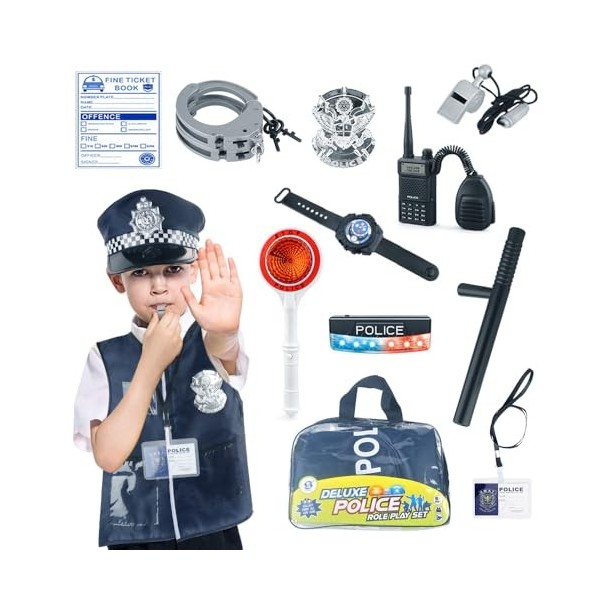 LUFEIS Déguisement Policier Enfant, 13PCS Costume Policier Enfant, Police Deguisement Enfant, Policier Costume Accessoires, P