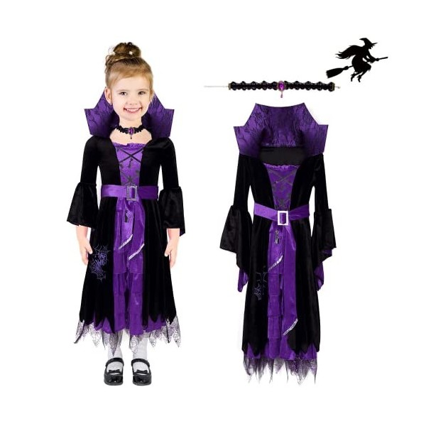 FunsLane Costumes de sorcière dHalloween pour filles, déguisement dHalloween pour enfants avec accessoires de cou pour fête