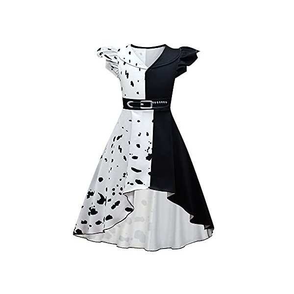 Costume de Cosplay Cruella Deville pour Enfant Personnage de Film Populaire Cruella Cosplay Robe Noir Blanc Halloween Carnava