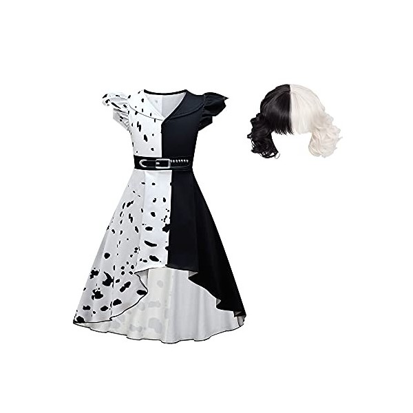 Costume de Cosplay Cruella Deville pour Enfant Personnage de Film Populaire Cruella Cosplay Robe Noir Blanc Halloween Carnava
