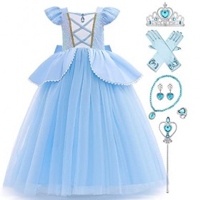 IBAKOM Enfant Fille Robe Princesse Cendrillon Cosplay Tenues Carnaval Halloween Noël Anniversaire Fête Jouer un rôle Gants Ba