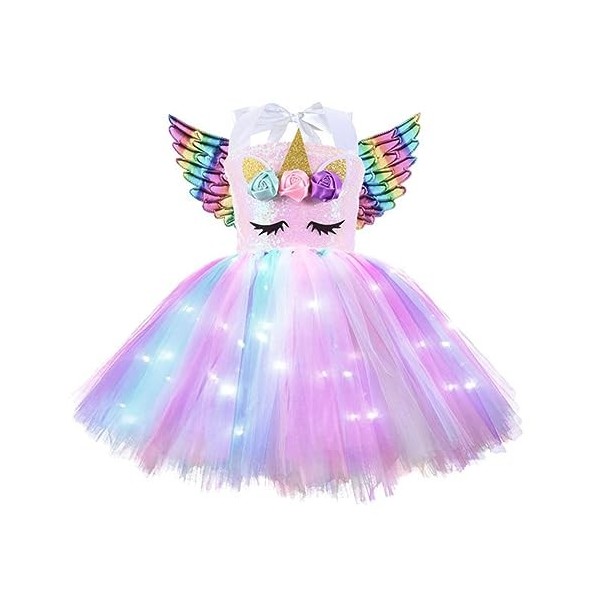 inhzoy Enfant Déguisement de Licorne Princesse Fée pour Fille Tutu Robe avec Lumières Brillant + Bandeau de Licorne Halloween