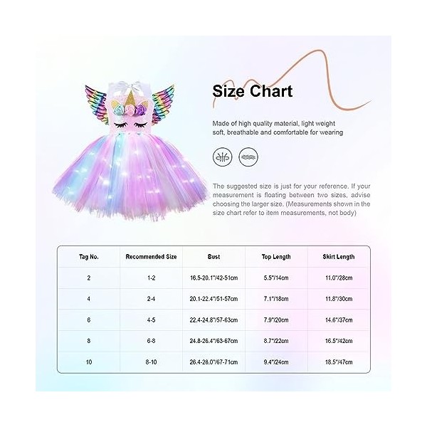 inhzoy Enfant Déguisement de Licorne Princesse Fée pour Fille Tutu Robe avec Lumières Brillant + Bandeau de Licorne Halloween