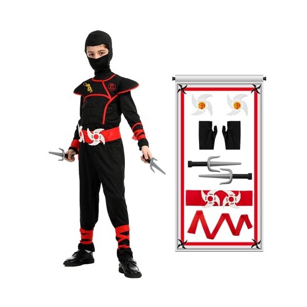 Kitimi Deguisement Ninja Enfant, 13 Pièces Cosplay Anime Costumes, Rouge Noir Déguisement Ninja avec Baïonnette Fléchettes, C