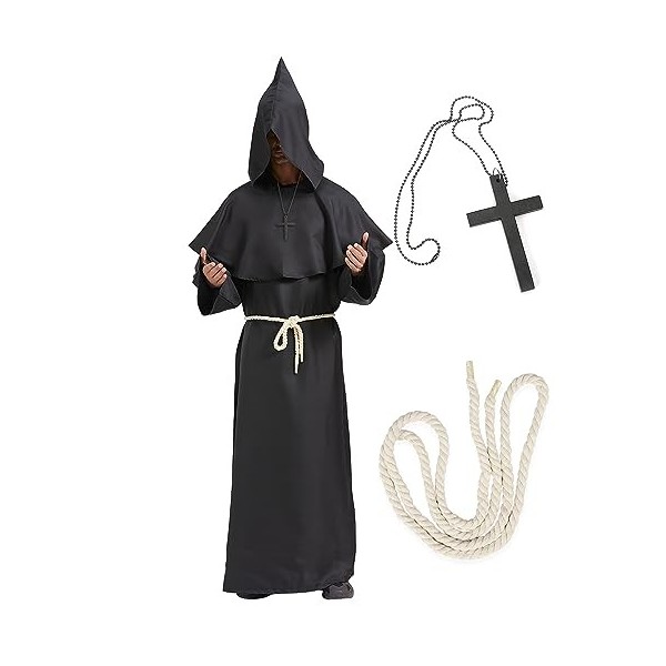 BIQIQI Deguisement Moine, Deguisement Halloween Homme Prister Robe Frère Médiéval Capot Encapuchonné Renaissance Moine Costum