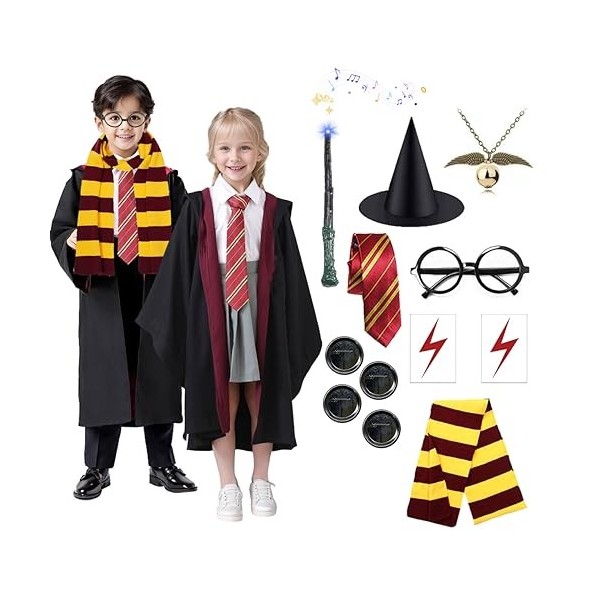 Ansamy Costume de magicien, costume de cosplay, cape avec cravate, écharpe et baguette, unisexe uniforme, robe universitaire,