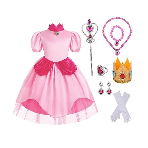 shengo Costume de princesse Peach pour fille - Robe de princesse - Robe de pêche - Ensemble avec couronne - Baguette magique 