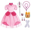 shengo Costume de princesse Peach pour fille - Robe de princesse - Robe de pêche - Ensemble avec couronne - Baguette magique 