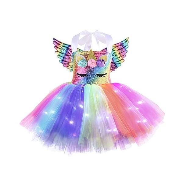 inhzoy Enfant Déguisement de Licorne Princesse Fée pour Fille Tutu Robe avec Lumières Brillant + Bandeau de Licorne Halloween