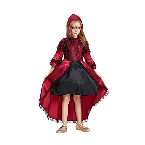 IKALI Costume de vampire victorien filles robe rouge à capuche tenue de fantaisie pour tout-petits pour Halloween fête royale