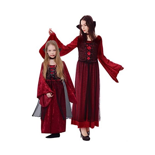 IKALI Costume de vampire victorien filles robe rouge à capuche tenue de fantaisie pour tout-petits pour Halloween fête royale