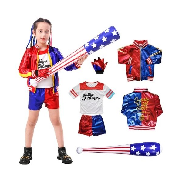 Costume pour enfant Harley Quinn, fille Squad Halloween Kit comprenant veste, t-shirt, short, gant et méchant, costumes de co