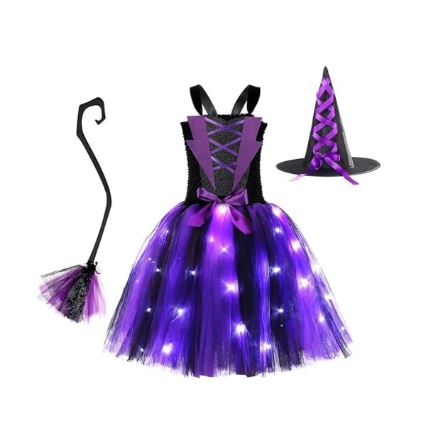 dPois Déguisement de Sorcière pour Fille Enfant Halloween Chapeau de Sorcière Robe à Étoiles Paillettes Magicien Accessoires 