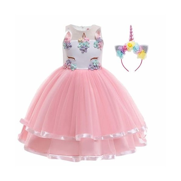 MISS & MR BM Robe licorne pour fille - Costume de princesse licorne et bandeau pour fête danniversaire de 5 à 6 ans