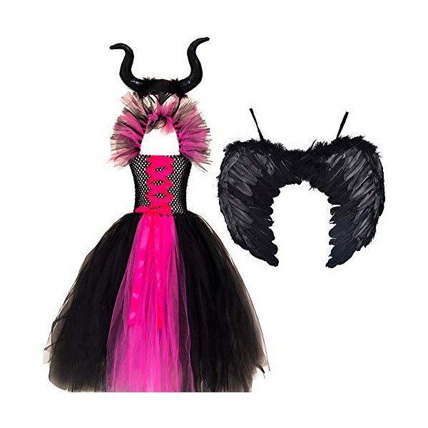 OBEEII Déguisement Maléfique Fille Halloween Carnaval Tutu Robe ave Bandeau +Ailes Sleeping Beauty Halloween Noël Costume pou