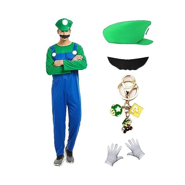 JMOCD Luigi Bros Costume de plombier Super Brothers pour cosplay pour carnaval, parents-enfants vert - adulte, taille S 