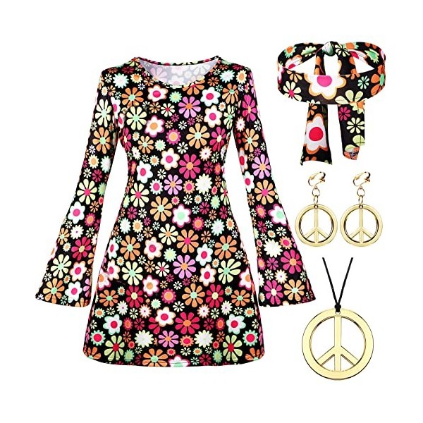 Set Déguisement Hippie 60-70 – Bandeau Marguerite, Lunettes Rondes, Collier Peace & Boucles D'oreilles – Accessoire Fête