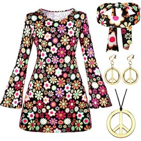 Johiux Lot de 4 costumes hippie pour femme, vêtements des années 60 et 70, costume hippie des années 70, robe hippie pour fem