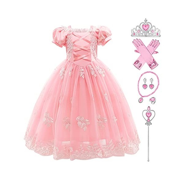 IBAKOM Enfants Filles Déguisement Raiponce Robe Hors Épaule Princesse Anniversaire Carnaval Noël Halloween Mariage Dentelle T