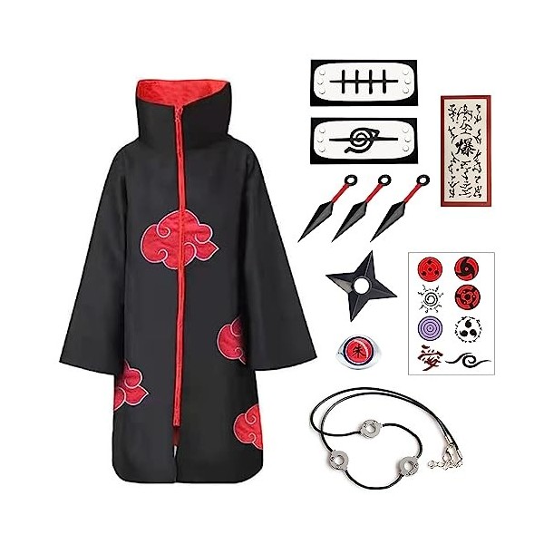 Akatsuki Manteau pour enfant et adulte Unisexe Costume de cosplay, Halloween, fête costumée Cape avec bandeau et bague ensem