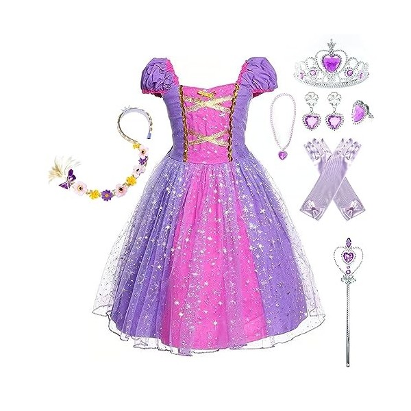Robe de princesse pour fille, costume pour enfants, avec couronne diadème, gants baguette magique, collier, bandeau cosplay, 