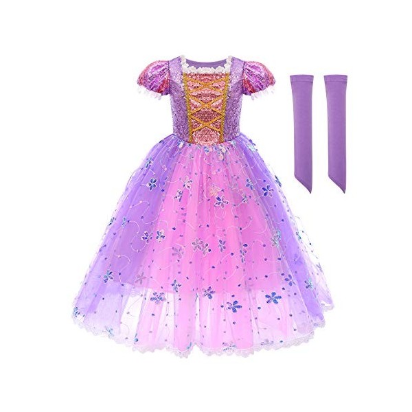 FYMNSI Enfant Fille Princesse Sofia Premiere Robe Carnaval Raiponce Costume Tulle Manche Courte Robe avec Perruque Déguisemen