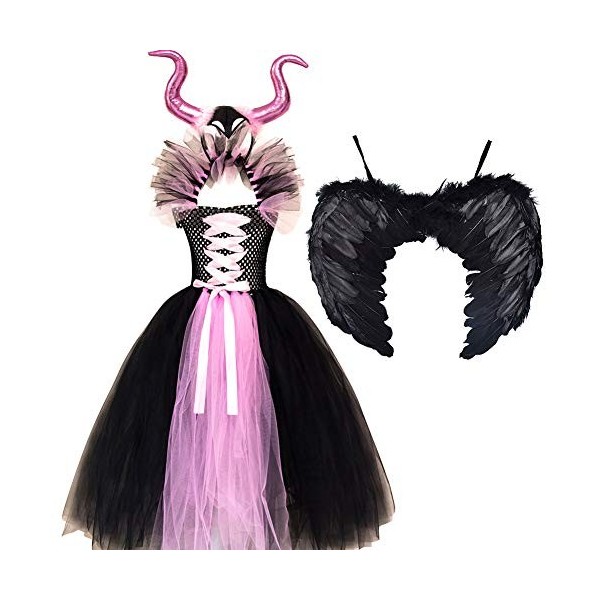 IMEKIS Enfant Filles Princesse Maléfique Costume Halloween Méchante Reine Habiller Fantaisie Robe en Tulle Avec Corne et Aile