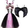 IMEKIS Enfant Filles Princesse Maléfique Costume Halloween Méchante Reine Habiller Fantaisie Robe en Tulle Avec Corne et Aile