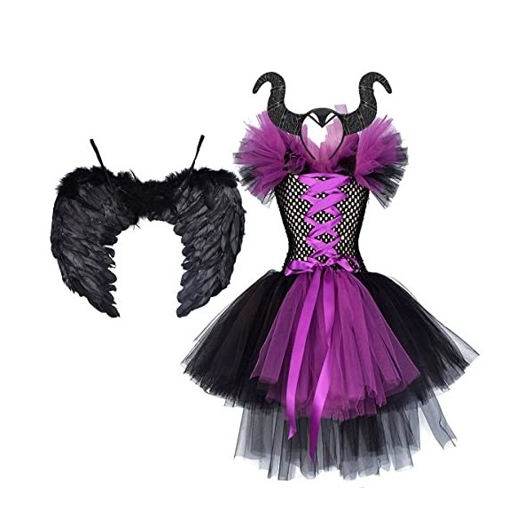 IMEKIS Enfant Filles Princesse Maléfique Costume Halloween Méchante Reine Habiller Fantaisie Robe en Tulle Avec Corne et Aile