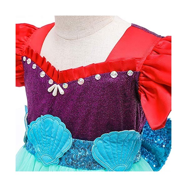 Deguisement Robe Princesse Ariel Costume de Sirène pour Enfant Fille, Robe Ariel la petite sirene avec Accessoires, Enfants C