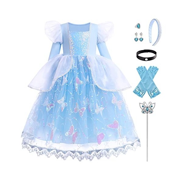 Odizli Cendrillon Costume Enfant Fille Princesse Robe Tulle Longue Robe de Bal Halloween Noël Carnaval Party Cosplay + Access