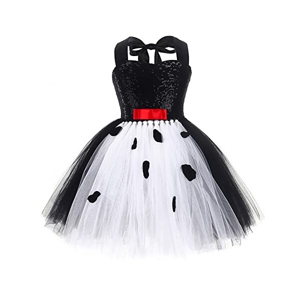 Cruella Deville Costume pour enfant fille Halloween 101 Dalmatiens Cosplay Robe + perruque + gants + barre 5 pièces Cruella D