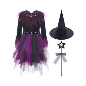 Jowowha Enfant Fille Déguisement Sorciere Halloween Fête Robe Tutu de Sorciere Asymétrique Cosplay Petite Sorcière Fée Magici
