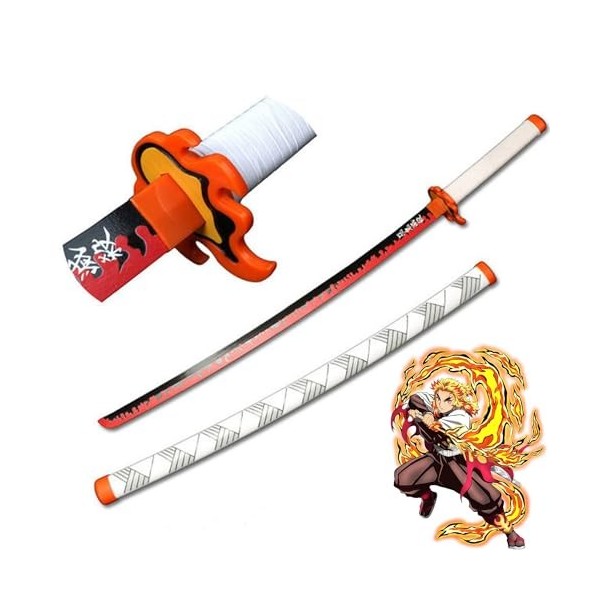 MAYKAR Épée De Samouraï Demon Slayer Blade Cosplay, 75cm/104cm Rengoku Kyoujurou Katana en Bois pour Fournitures De Fête dha