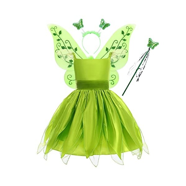 4 pièces Enfant Fille Déguisement Fée Clochette Cosplay Princesse Elfe Robe Fête Anniversaire Longue avec Ailes, Serre-tête e